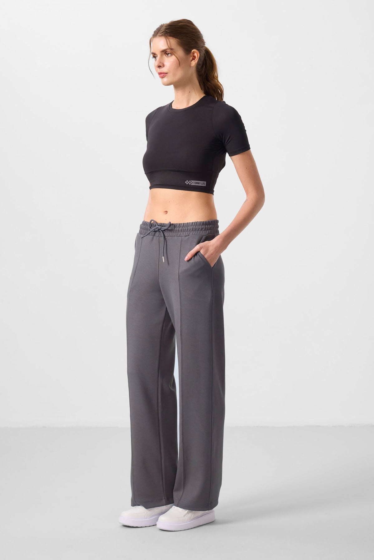 Dark Grey Soft Textured Pocket Detailed Front Stitch Women's Palazzo Trousers - 94670