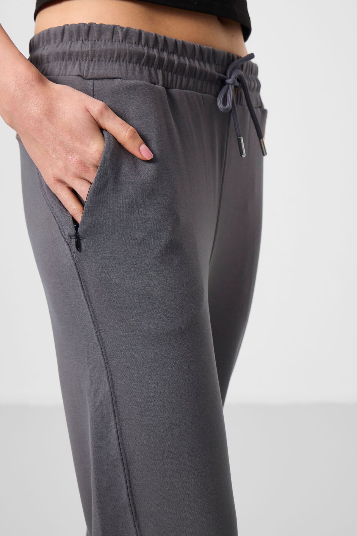 Dark Grey Soft Textured Hidden Zipper Slim Leg Women's Trousers - 94668
