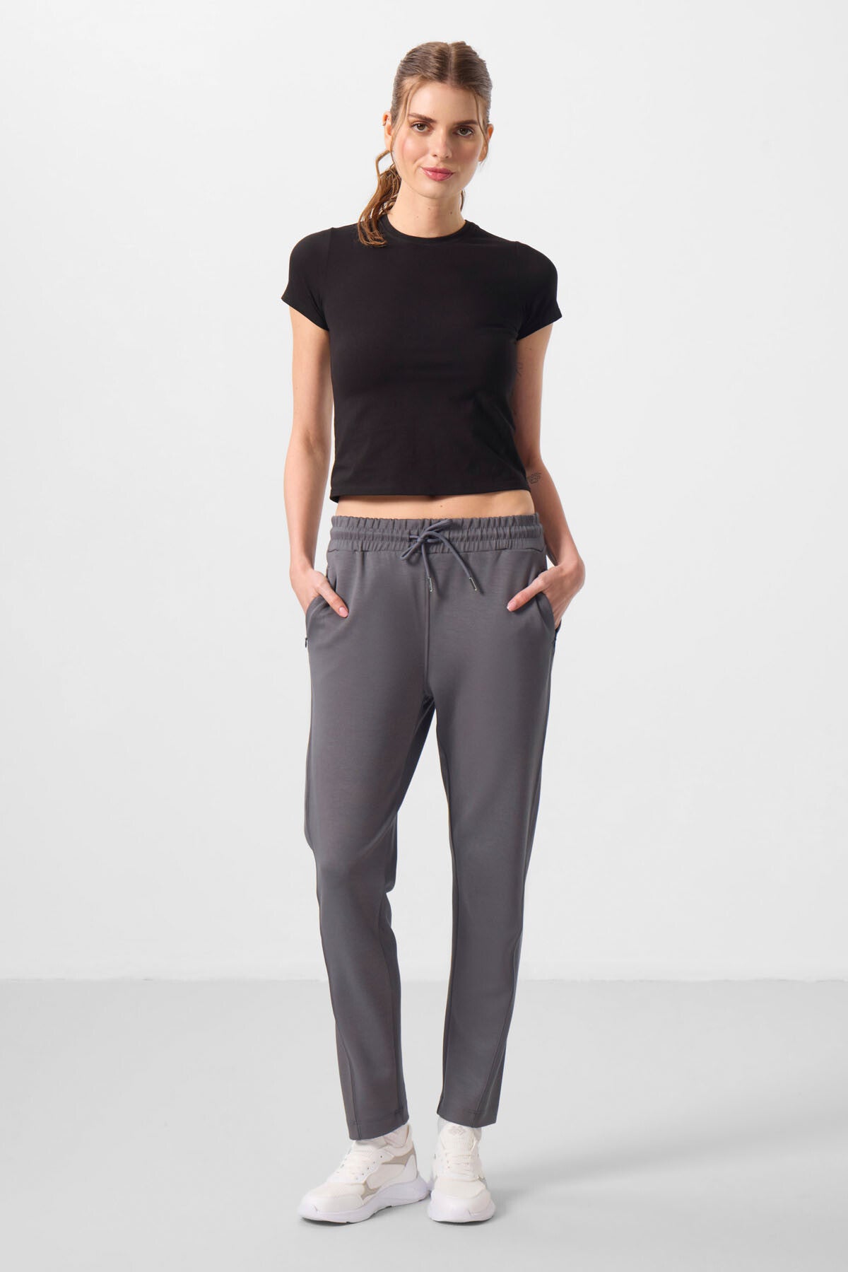 Dark Grey Soft Textured Hidden Zipper Slim Leg Women's Trousers - 94668