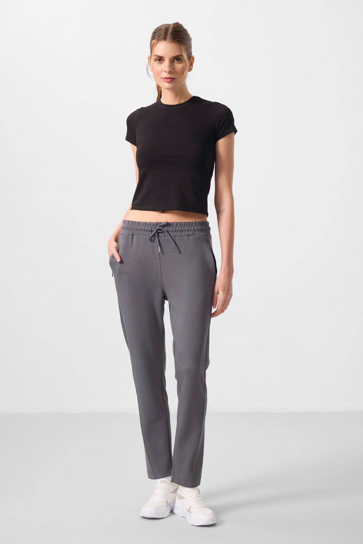 Dark Grey Soft Textured Hidden Zipper Slim Leg Women's Trousers - 94668