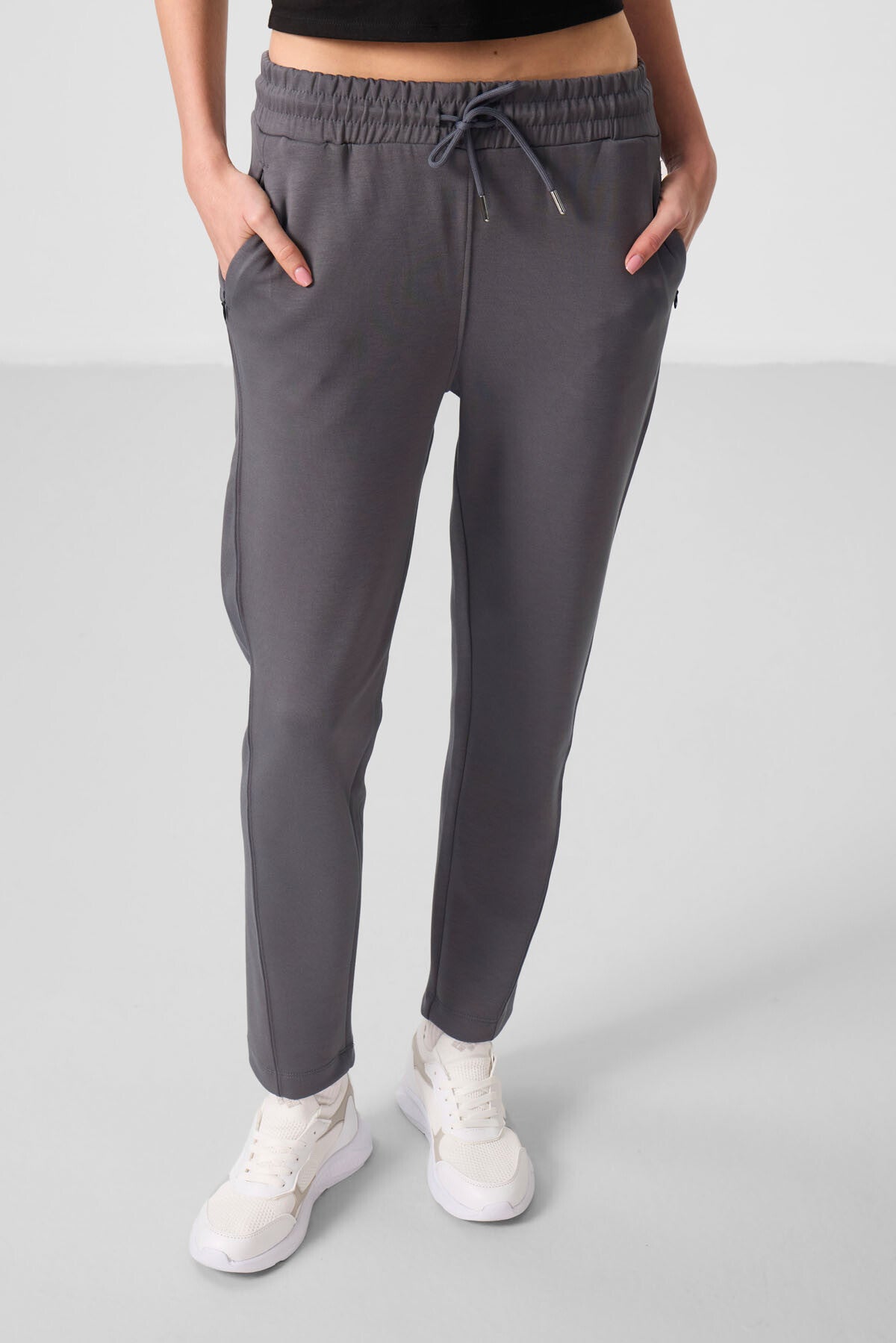 Dark Grey Soft Textured Hidden Zipper Slim Leg Women's Trousers - 94668