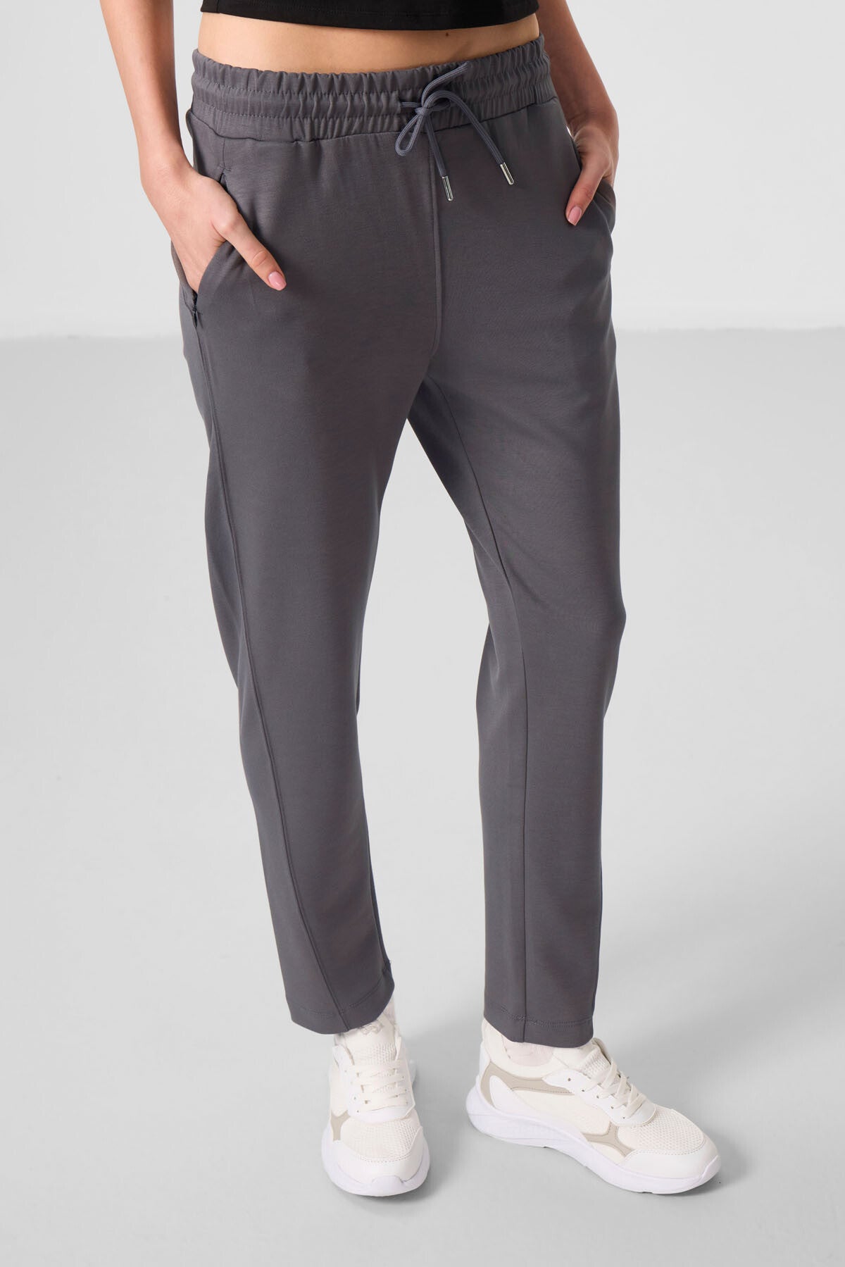 Dark Grey Soft Textured Hidden Zipper Slim Leg Women's Trousers - 94668