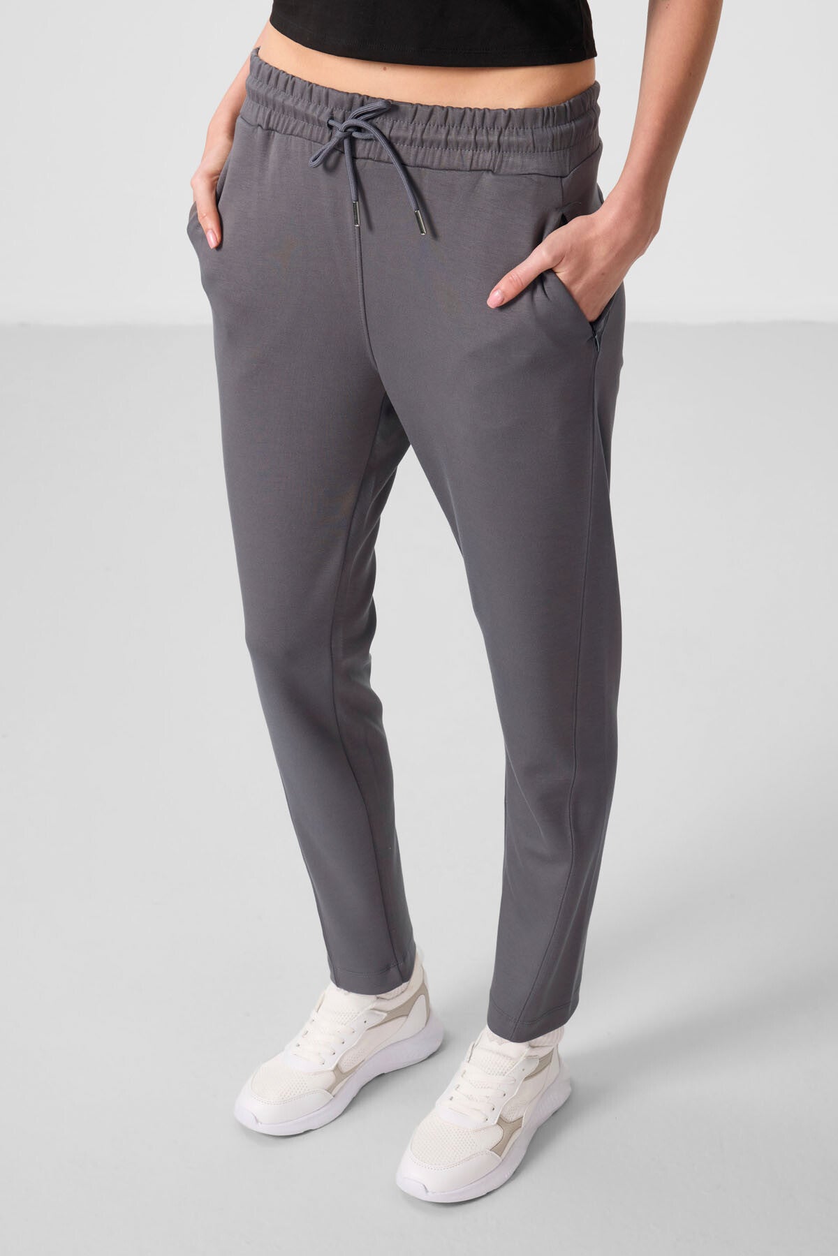 Dark Grey Soft Textured Hidden Zipper Slim Leg Women's Trousers - 94668