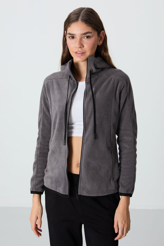Dark Grey Thick Soft Textured Hooded Standard Fit Embroidered Fleece Women's Sweatshirt -97287