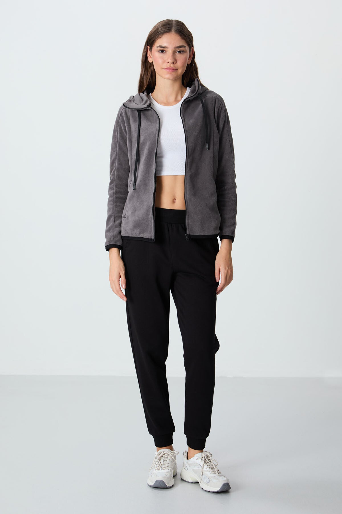 Dark Grey Thick Soft Textured Hooded Standard Fit Embroidered Fleece Women's Sweatshirt -97287