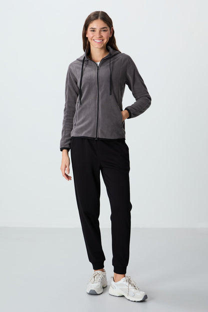 Dark Grey Thick Soft Textured Hooded Standard Fit Embroidered Fleece Women's Sweatshirt -97287