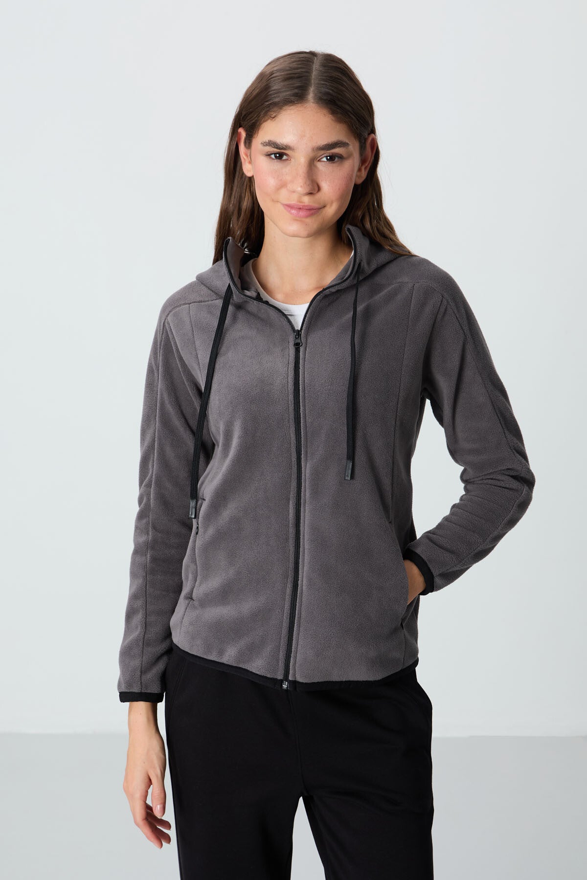 Dark Grey Thick Soft Textured Hooded Standard Fit Embroidered Fleece Women's Sweatshirt -97287