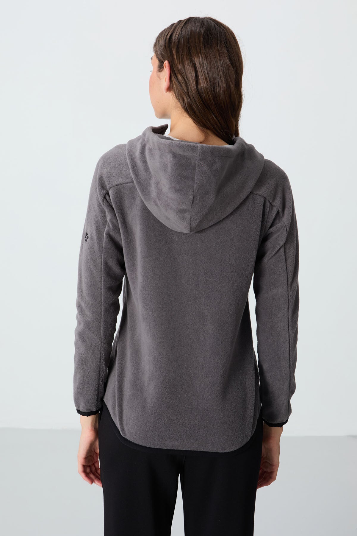 Dark Grey Thick Soft Textured Hooded Standard Fit Embroidered Fleece Women's Sweatshirt -97287
