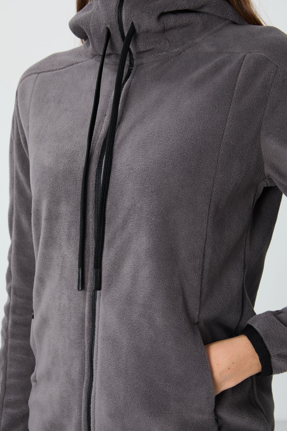 Dark Grey Thick Soft Textured Hooded Standard Fit Embroidered Fleece Women's Sweatshirt -97287