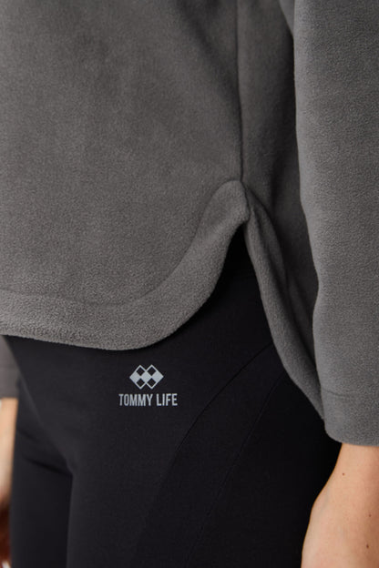 Dark Grey Thick Soft Textured Hooded Oversize Embroidered Fleece Women's Sweatshirt -97286