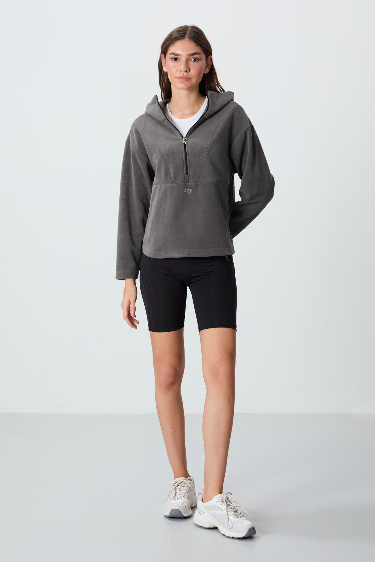 Dark Grey Thick Soft Textured Hooded Oversize Embroidered Fleece Women's Sweatshirt -97286