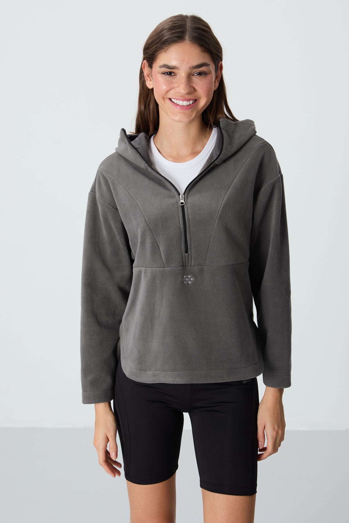Dark Grey Thick Soft Textured Hooded Oversize Embroidered Fleece Women's Sweatshirt -97286