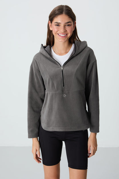 Dark Grey Thick Soft Textured Hooded Oversize Embroidered Fleece Women's Sweatshirt -97286