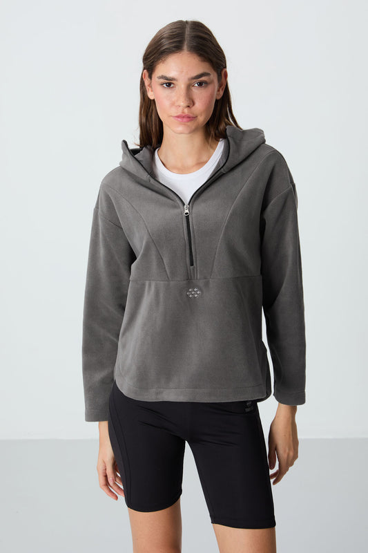 Dark Grey Thick Soft Textured Hooded Oversize Embroidered Fleece Women's Sweatshirt -97286