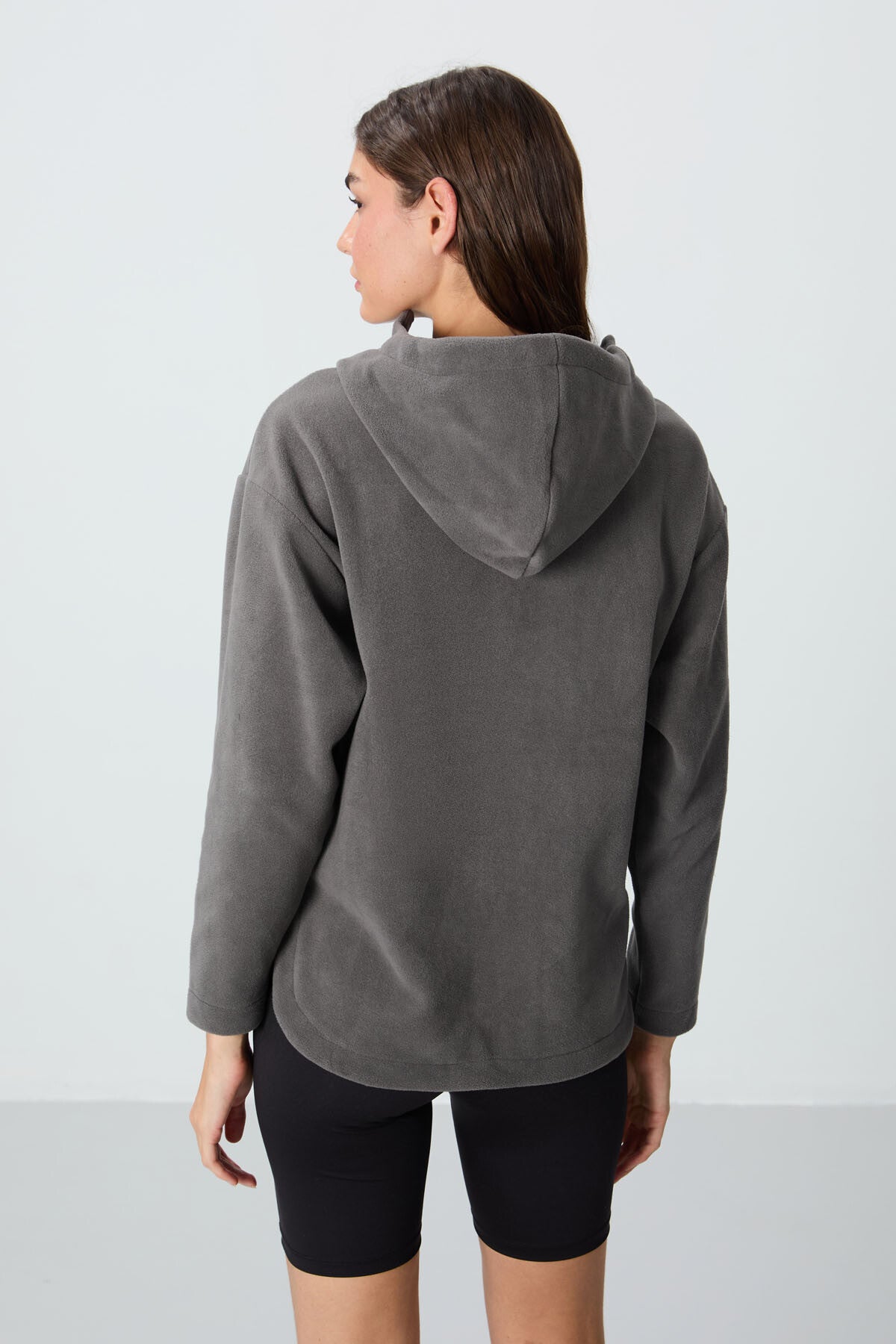 Dark Grey Thick Soft Textured Hooded Oversize Embroidered Fleece Women's Sweatshirt -97286