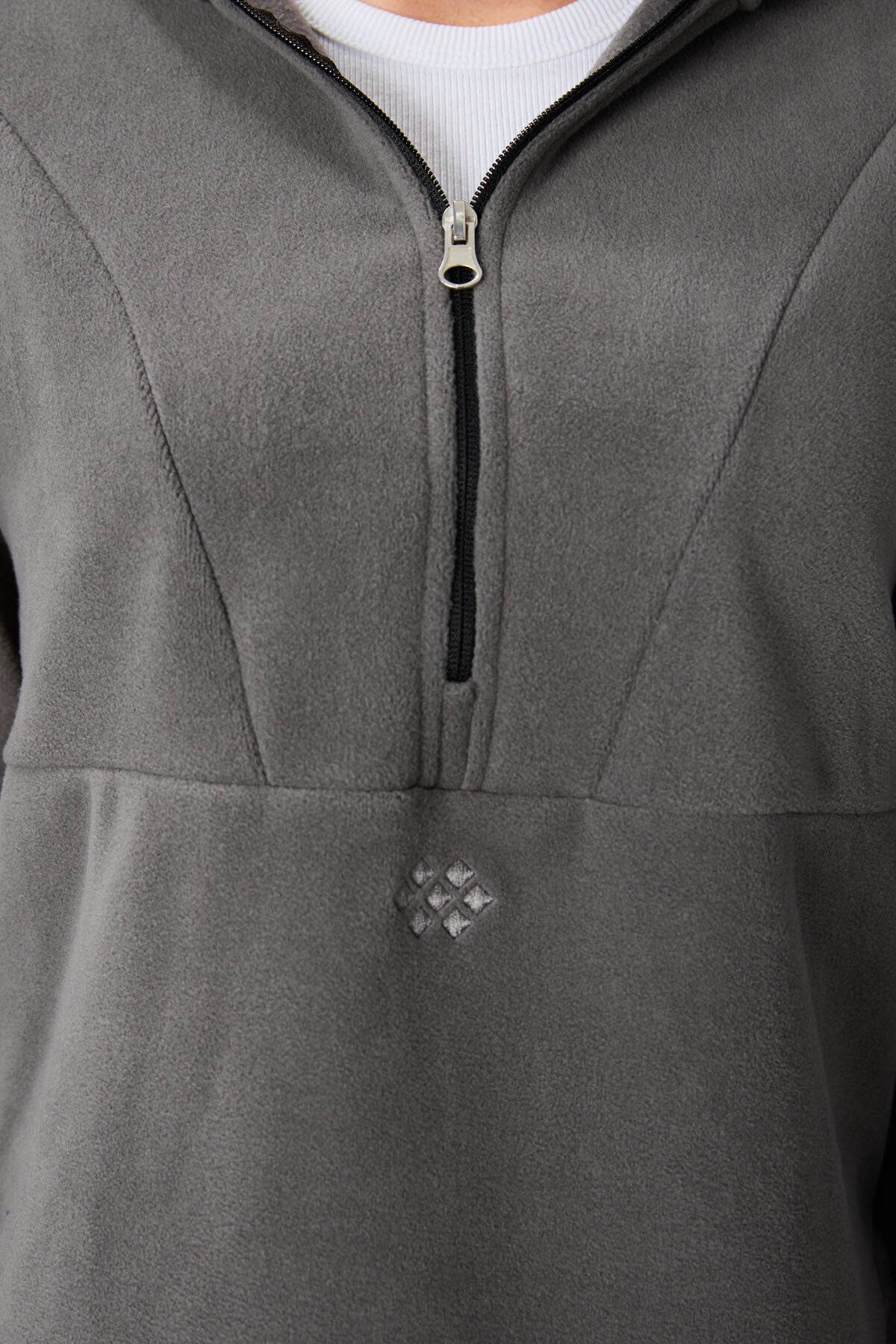 Dark Grey Thick Soft Textured Hooded Oversize Embroidered Fleece Women's Sweatshirt -97286