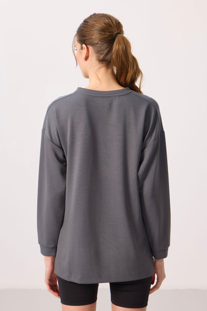 Dark Grey Soft Textured O Collar Comfort Fit Women's Tunic Sweatshirt - 97305