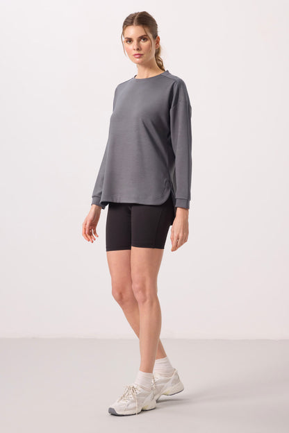 Dark Grey Soft Textured O Collar Comfort Fit Women's Tunic Sweatshirt - 97305