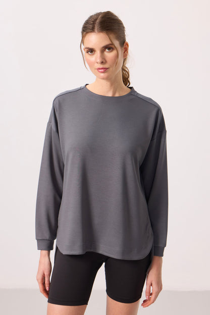 Dark Grey Soft Textured O Collar Comfort Fit Women's Tunic Sweatshirt - 97305