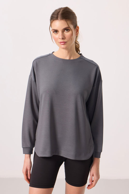 Dark Grey Soft Textured O Collar Comfort Fit Women's Tunic Sweatshirt - 97305