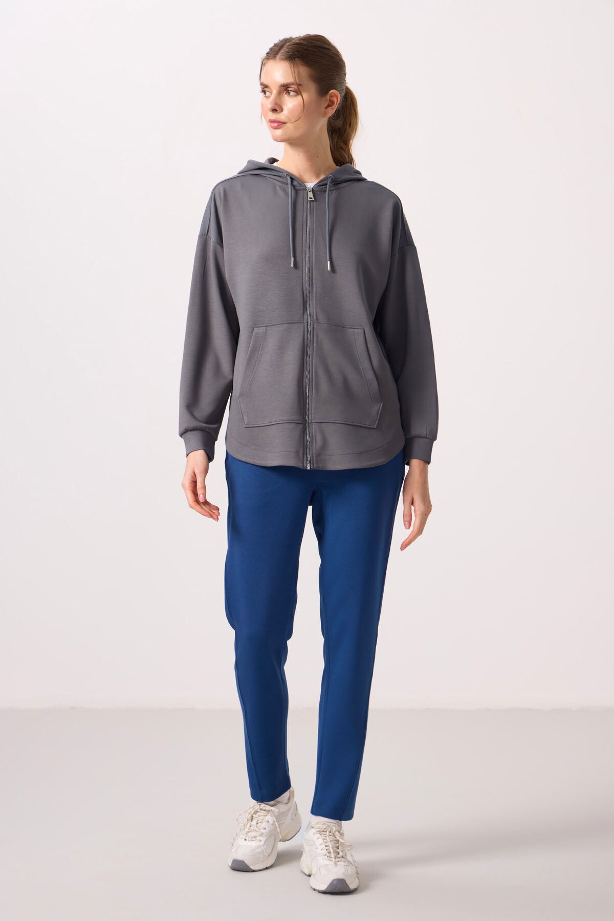 Dark Gray Soft Textured Oversize Women's Tunic Hoodie - 97302