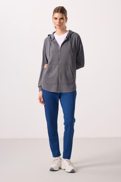 Dark Gray Soft Textured Oversize Women's Tunic Hoodie - 97302