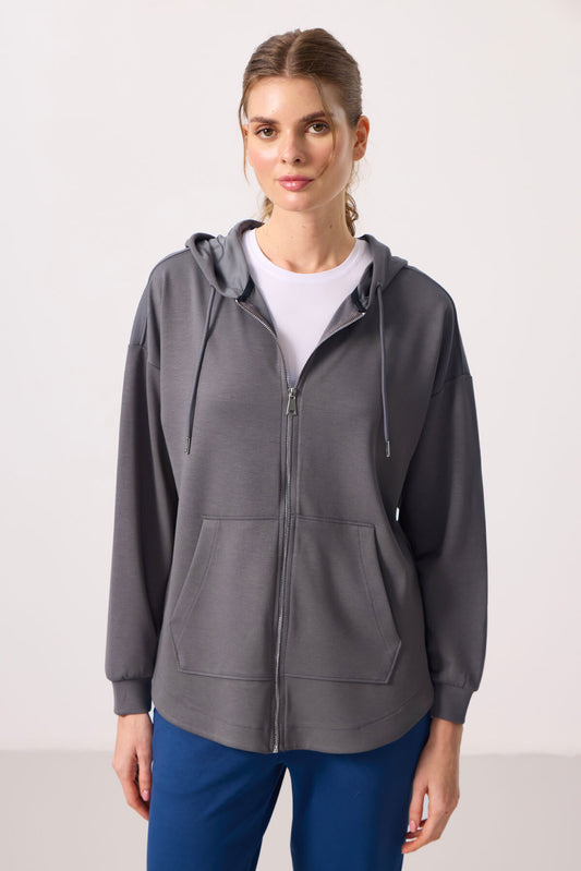 Dark Gray Soft Textured Oversize Women's Tunic Hoodie - 97302