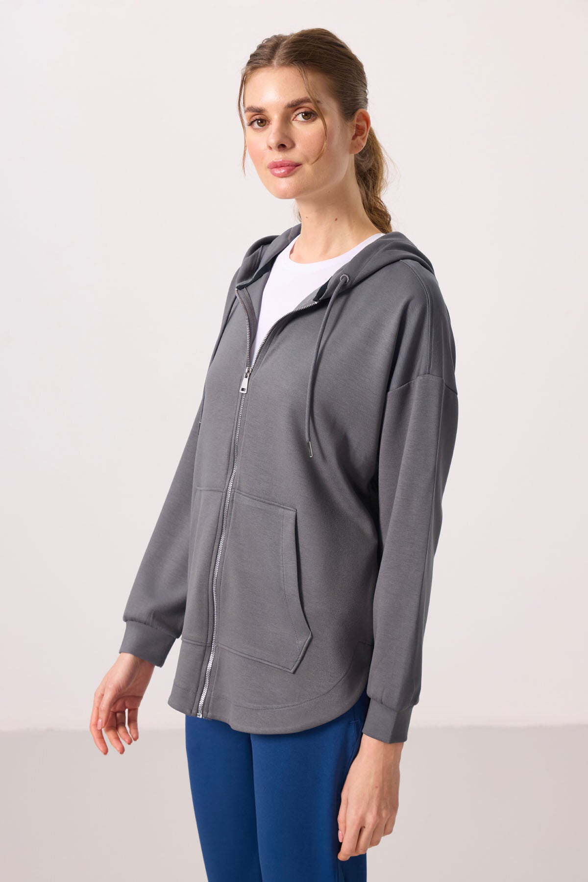 Dark Gray Soft Textured Oversize Women's Tunic Hoodie - 97302