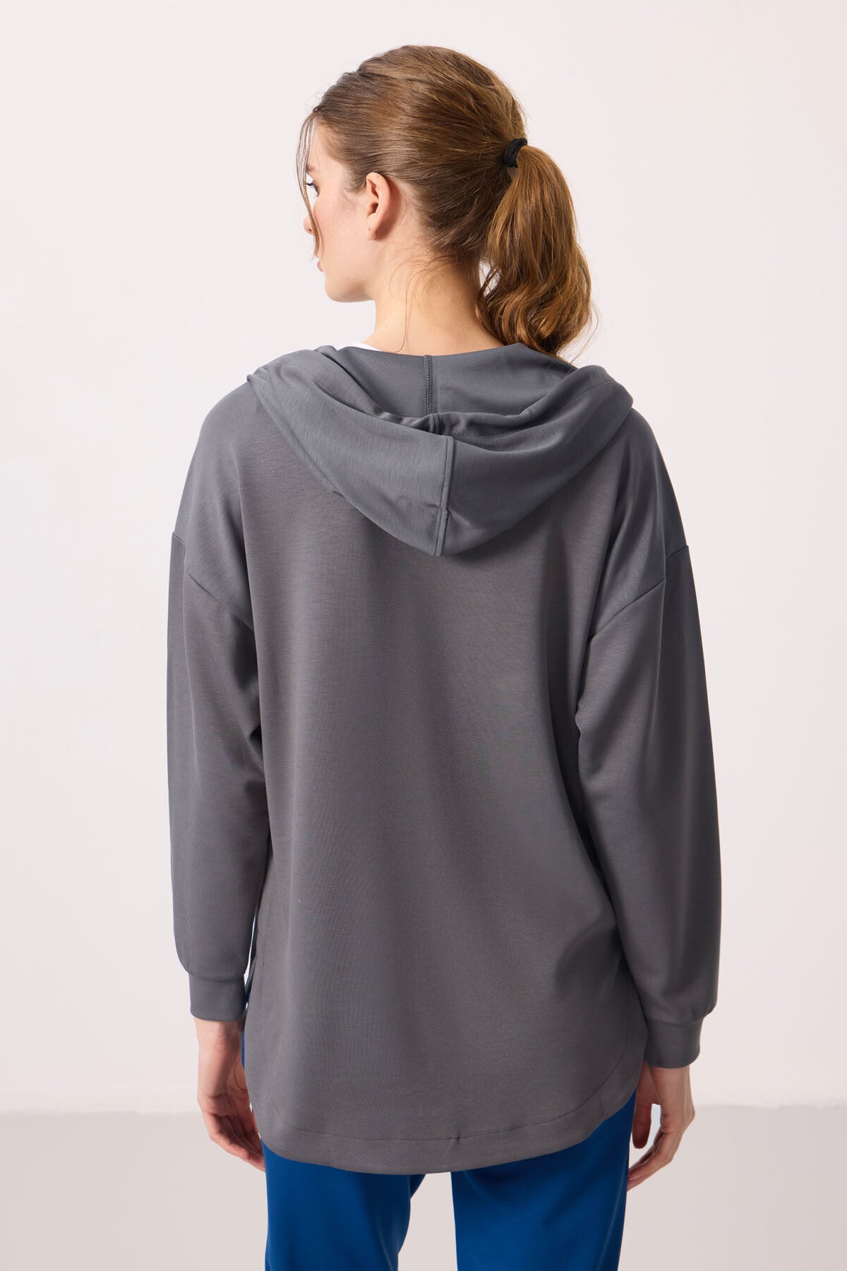 Dark Gray Soft Textured Oversize Women's Tunic Hoodie - 97302