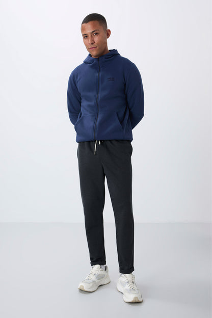 Dark Grey Textured Surface Standard Fit Men's Tracksuit Bottom- 82154