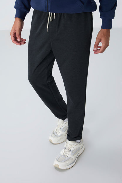 Dark Grey Textured Surface Standard Fit Men's Tracksuit Bottom- 82154