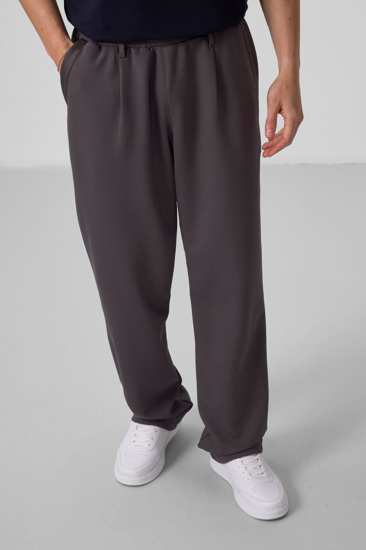 Dark Gray Textured Surface Comfort Fit Palazzo Men's Trousers - 82163