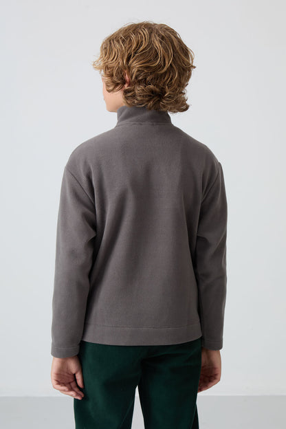 Dark Grey Thick Soft Textured Standard Fit Embroidered Fleece Boys' Sweatshirt - 11221