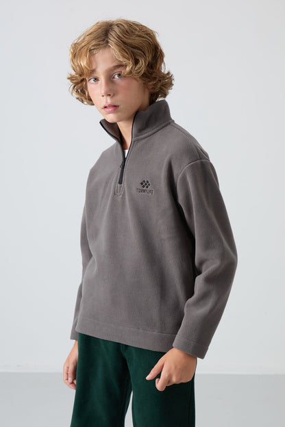Dark Grey Thick Soft Textured Standard Fit Embroidered Fleece Boys' Sweatshirt - 11221