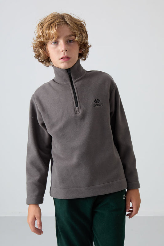 Dark Grey Thick Soft Textured Standard Fit Embroidered Fleece Boys' Sweatshirt - 11221