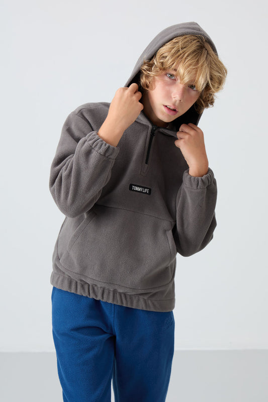 Dark Grey Thick Soft Textured Standard Fit Embroidered Fleece Boys' Sweatshirt - 11230