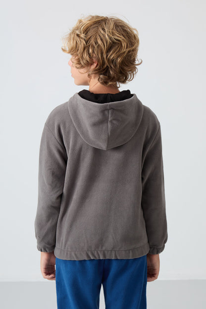 Dark Grey Thick Soft Textured Standard Fit Embroidered Fleece Boys' Sweatshirt - 11230