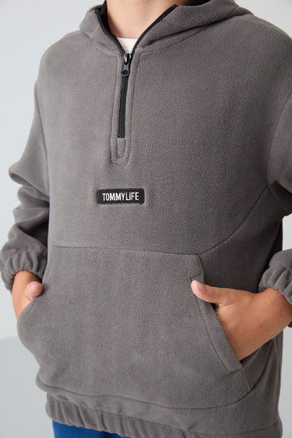 Dark Grey Thick Soft Textured Standard Fit Embroidered Fleece Boys' Sweatshirt - 11230