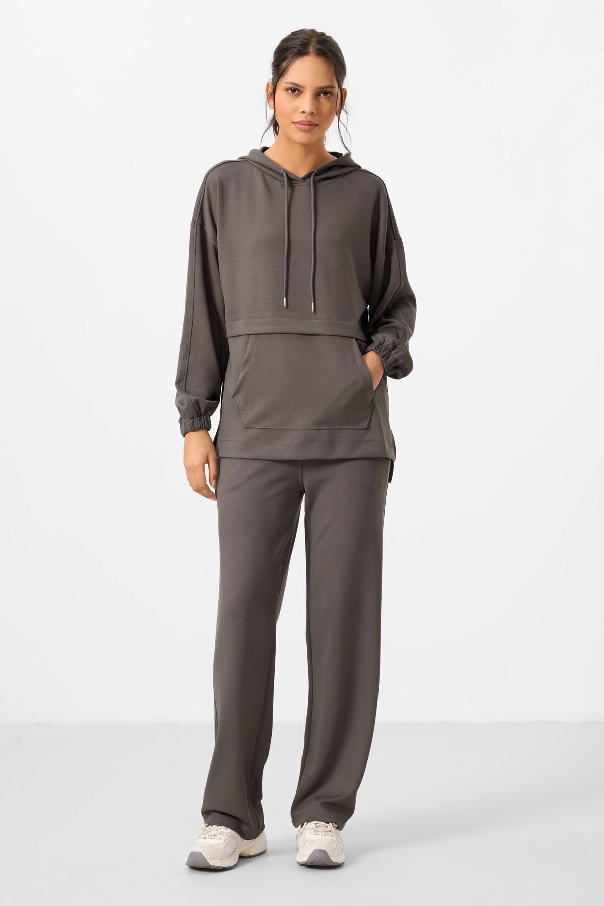 Dark Gray Soft Textured Hooded Oversize Women's Tracksuit Tunic Set - 95348
