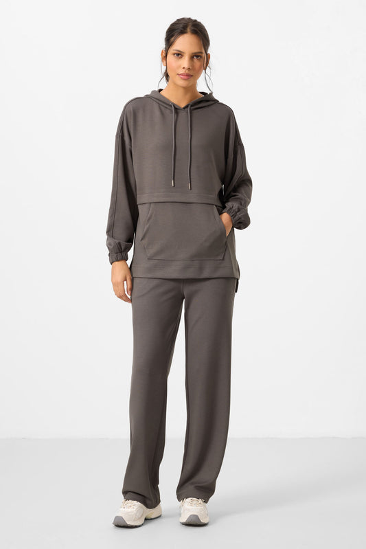 Dark Gray Soft Textured Hooded Oversize Women's Tracksuit Tunic Set - 95348