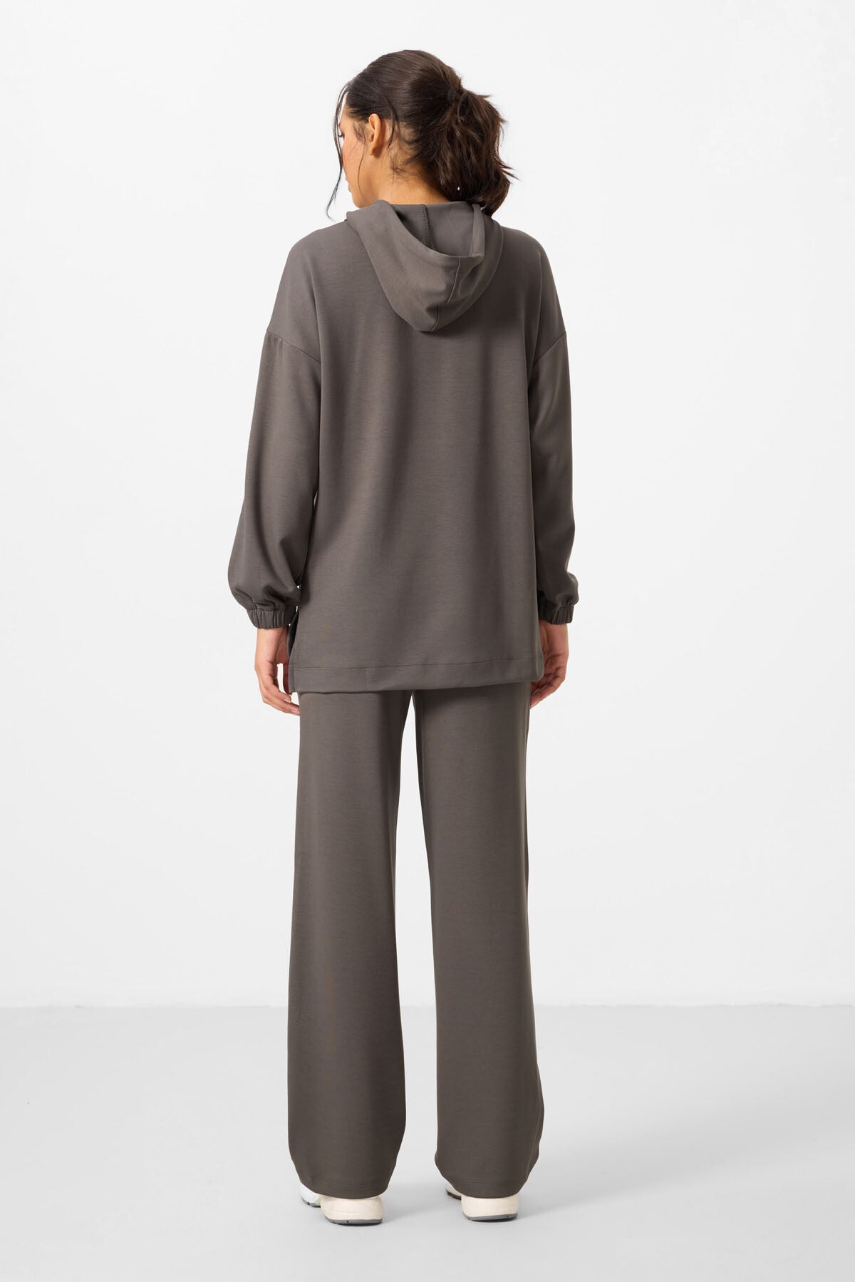 Dark Gray Soft Textured Hooded Oversize Women's Tracksuit Tunic Set - 95348