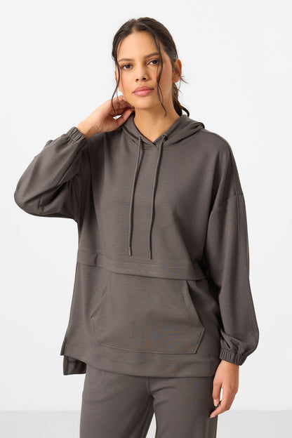 Dark Gray Soft Textured Hooded Oversize Women's Tracksuit Tunic Set - 95348