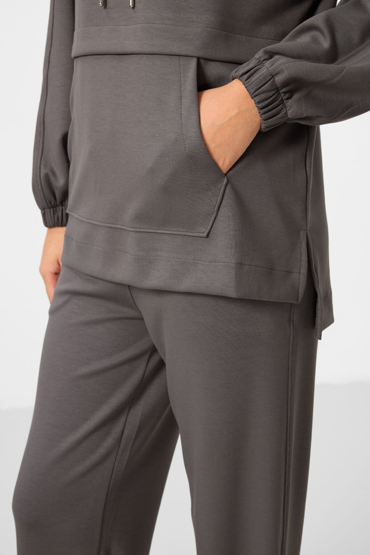 Dark Gray Soft Textured Hooded Oversize Women's Tracksuit Tunic Set - 95348