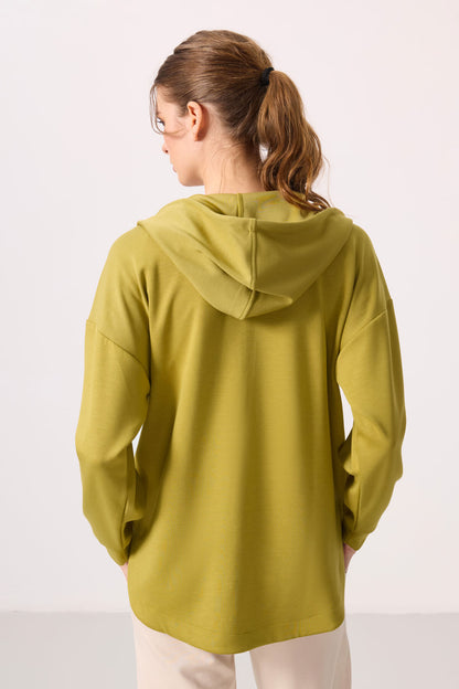 Dark Mustard Soft Textured Hooded Oversize Women's Tunic Sweatshirt - 97302