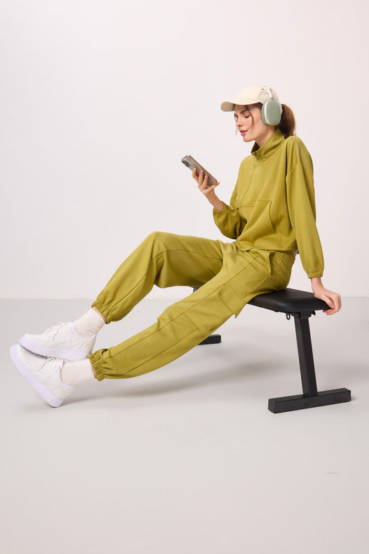 Dark Mustard Soft Textured High Neck Hidden Zipper Oversize Women's Tracksuit Set - 95351