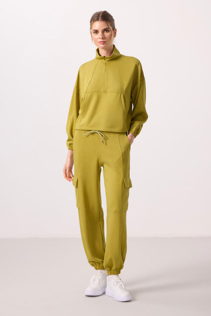 Dark Mustard Soft Textured High Neck Hidden Zipper Oversize Women's Tracksuit Set - 95351