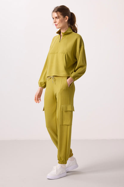 Dark Mustard Soft Textured High Neck Hidden Zipper Oversize Women's Tracksuit Set - 95351