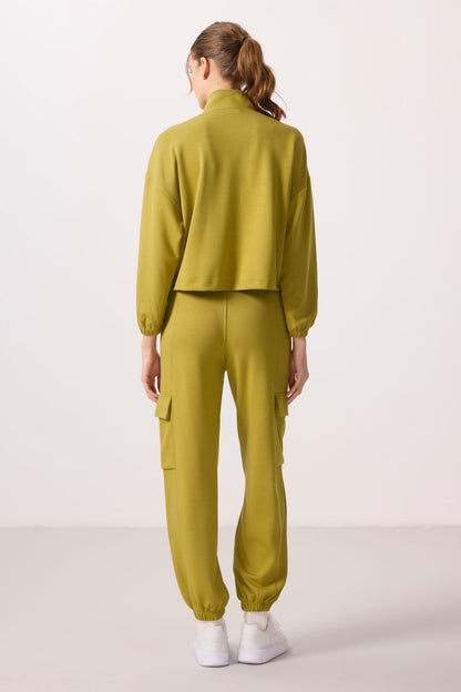 Dark Mustard Soft Textured High Neck Hidden Zipper Oversize Women's Tracksuit Set - 95351