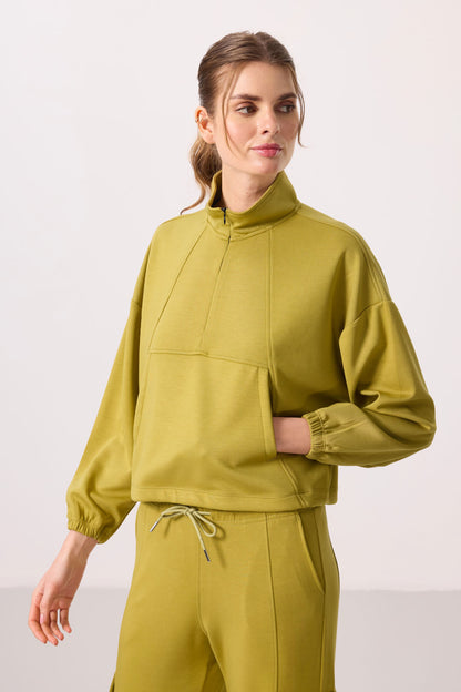 Dark Mustard Soft Textured High Neck Hidden Zipper Oversize Women's Tracksuit Set - 95351