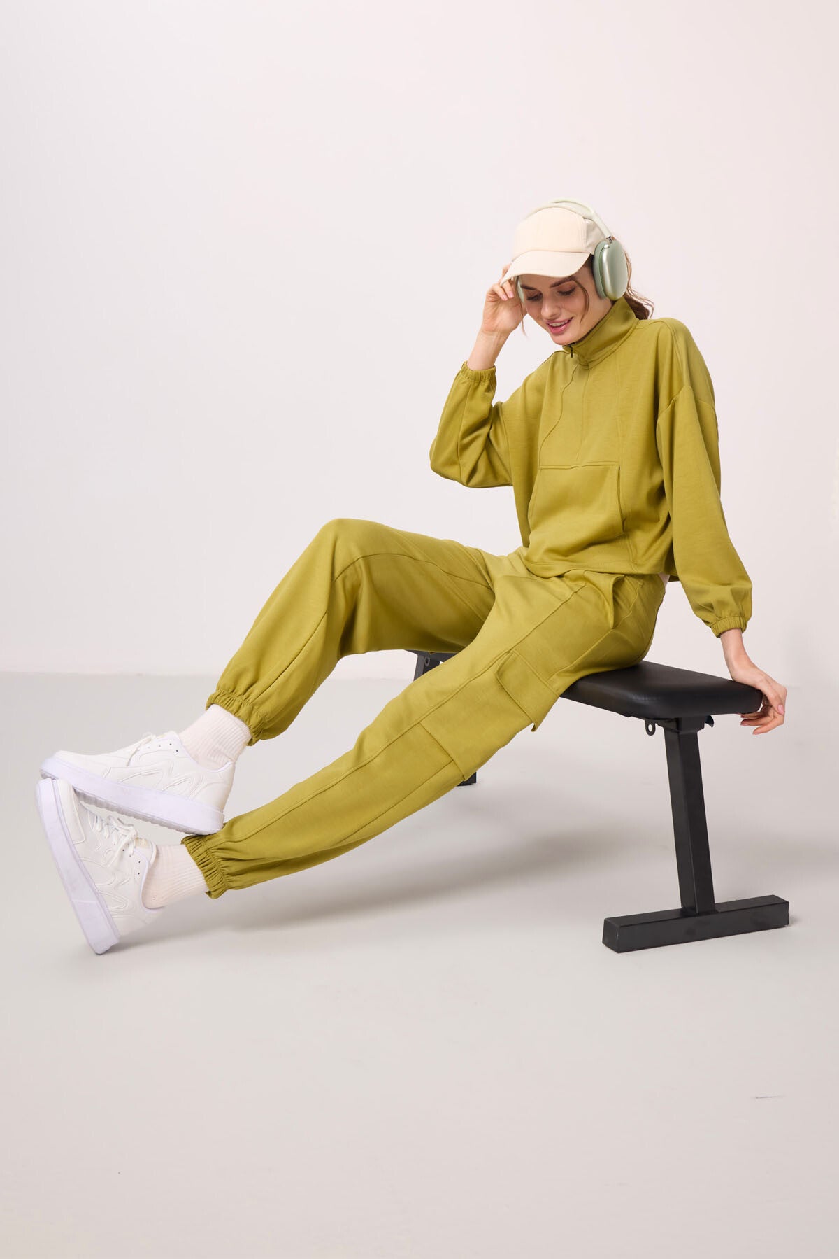 Dark Mustard Soft Textured High Neck Hidden Zipper Oversize Women's Tracksuit Set - 95351